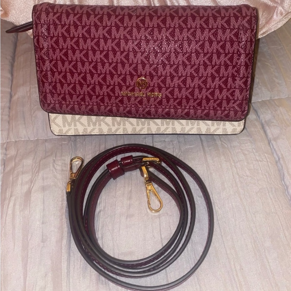 Michael Kors Wine and Ivory Logo Smartphone Crossbody Bag with Gold Hardware